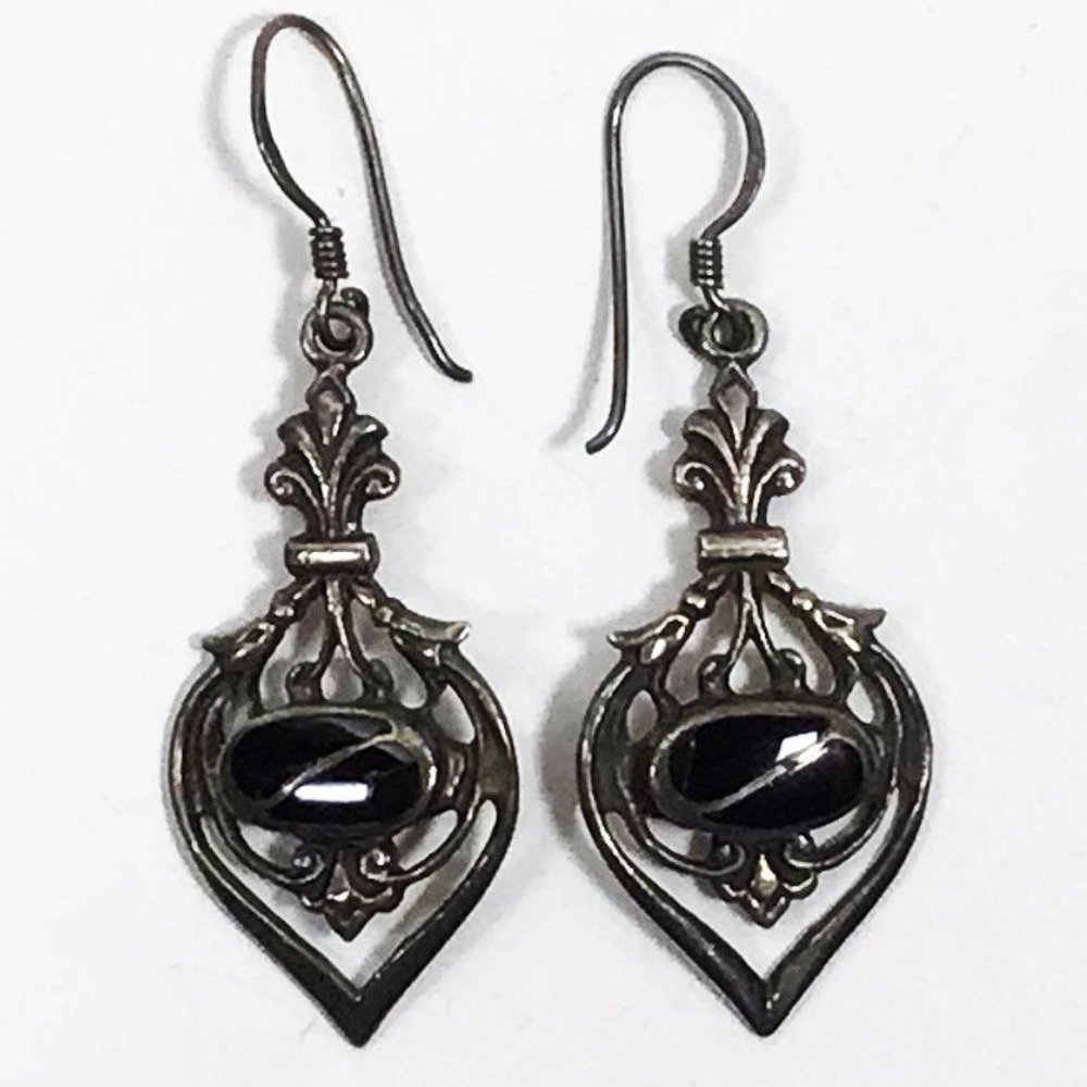Art Nouveau Sterling Silver Onyx Teardrop Earrings